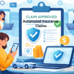 Automated insurance claims process illustration showing digital claim submission, AI processing, and instant claim approval in a modern insurance system.