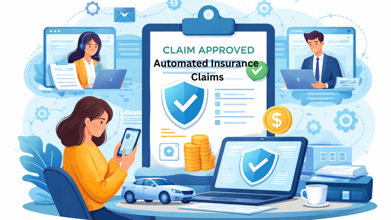Automated insurance claims process illustration showing digital claim submission, AI processing, and instant claim approval in a modern insurance system.