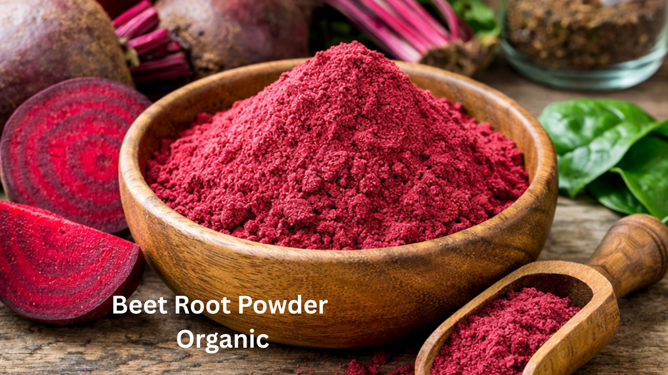 Organic beet root powder in a wooden bowl with fresh beets and beet juice on a rustic table, showcasing natural superfood ingredients rich in nutrients and antioxidants.
