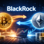 BlackRock Bitcoin Ethereum transfer concept showing Bitcoin and Ethereum coins with digital arrows and financial charts, representing institutional cryptocurrency investment and blockchain asset movement.