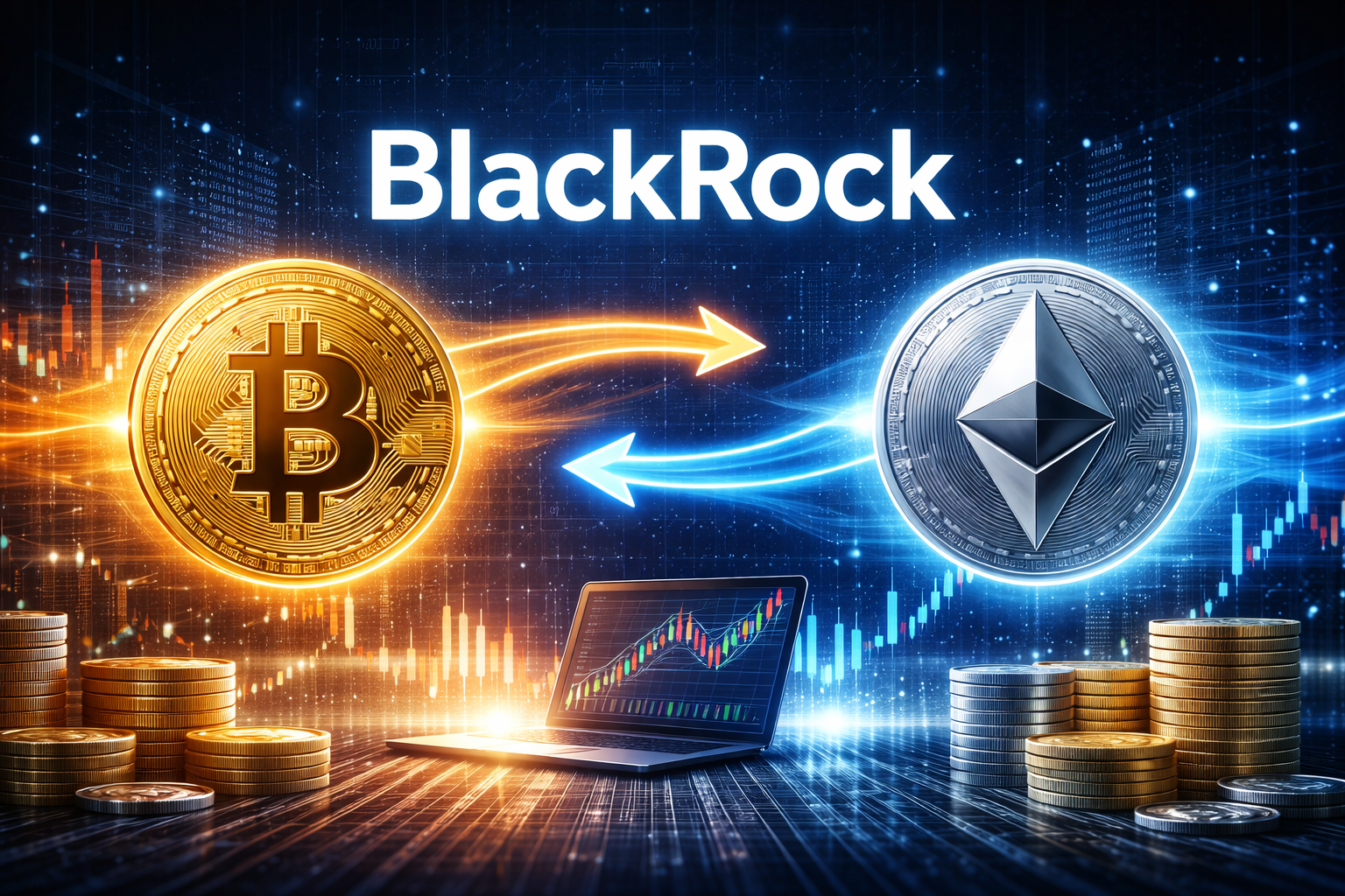 BlackRock Bitcoin Ethereum transfer concept showing Bitcoin and Ethereum coins with digital arrows and financial charts, representing institutional cryptocurrency investment and blockchain asset movement.