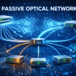 Passive Optical Network diagram showing fiber optic connections from an optical line terminal through a splitter to multiple optical network terminals for high-speed broadband internet distribution.