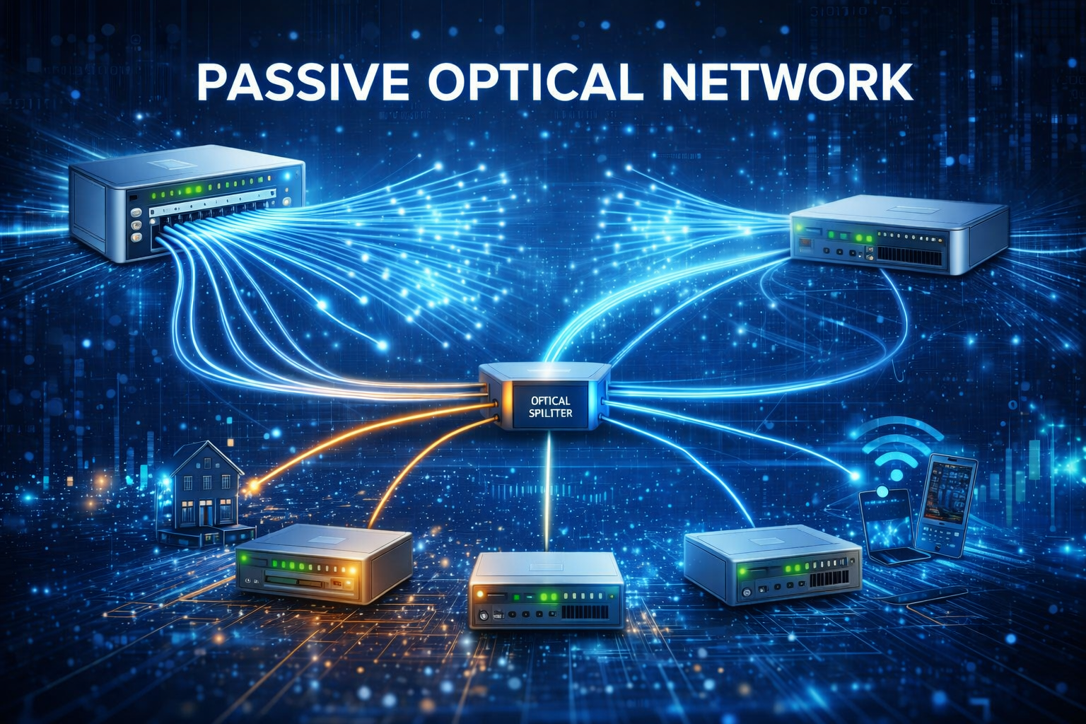 Passive Optical Network diagram showing fiber optic connections from an optical line terminal through a splitter to multiple optical network terminals for high-speed broadband internet distribution.