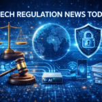 Tech regulation news today concept showing digital technology icons, legal gavel, cybersecurity shield, and global network illustrating modern technology laws, AI regulation, and digital policy updates.