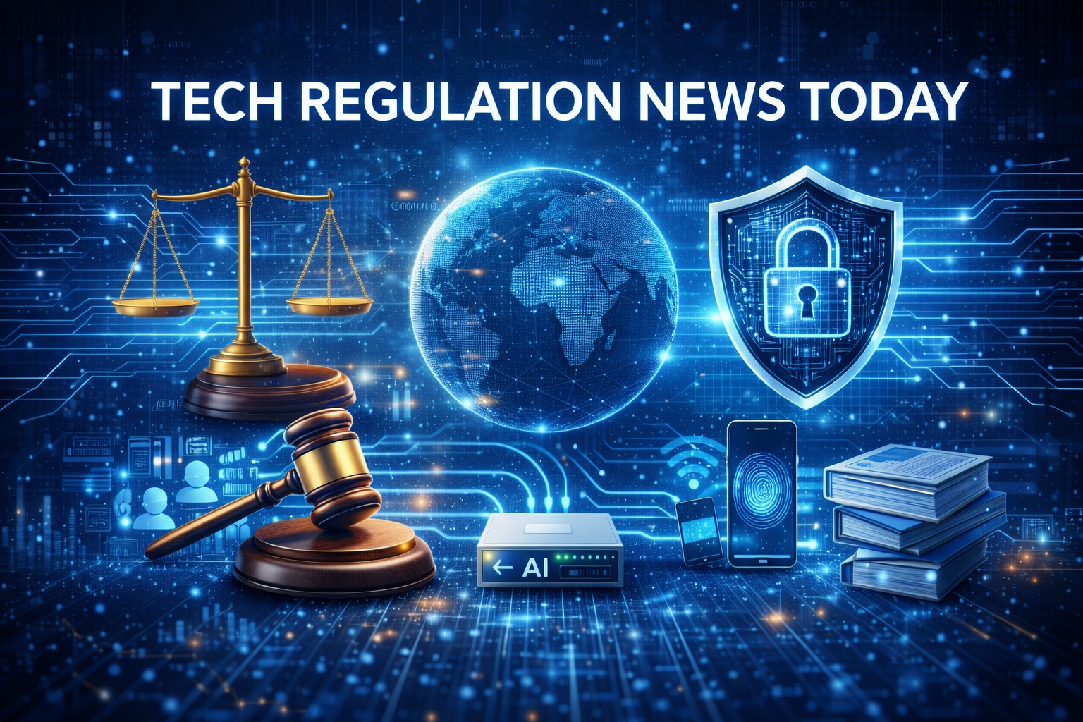 Tech regulation news today concept showing digital technology icons, legal gavel, cybersecurity shield, and global network illustrating modern technology laws, AI regulation, and digital policy updates.