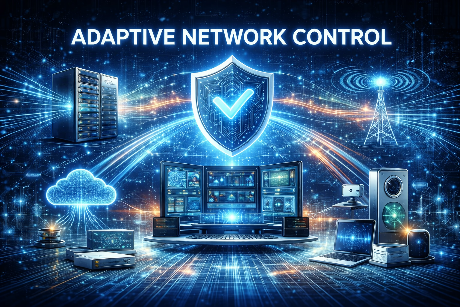 Adaptive network control concept showing intelligent network management system with connected servers, cloud computing, IoT devices, and cybersecurity shield representing automated network optimization and AI-driven network monitoring.