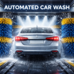 Automated car wash system cleaning a vehicle with rotating brushes, high-pressure water jets, and foam inside a modern automatic car wash tunnel.