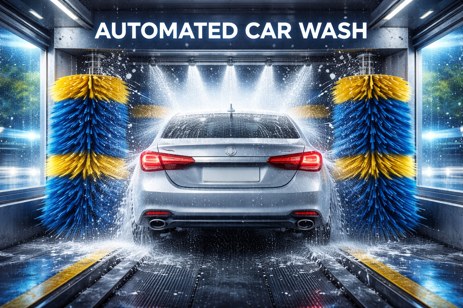 Automated car wash system cleaning a vehicle with rotating brushes, high-pressure water jets, and foam inside a modern automatic car wash tunnel.