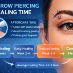 Eyebrow piercing healing time infographic showing healing stages, aftercare tips, and a close-up eyebrow with a curved barbell piercing illustrating the typical 6 to 8 week healing process.
