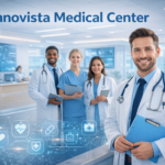 Innovista Medical Center modern reception area with a diverse healthcare team, including doctors and nurses, showcasing advanced medical technology and patient-focused care in a bright, high-tech environment