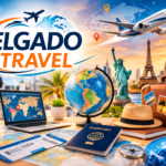 Delgado Travel agency concept featuring travel essentials like a passport, flight tickets, suitcase, airplane, world map, and famous landmarks representing international travel services and vacation planning.
