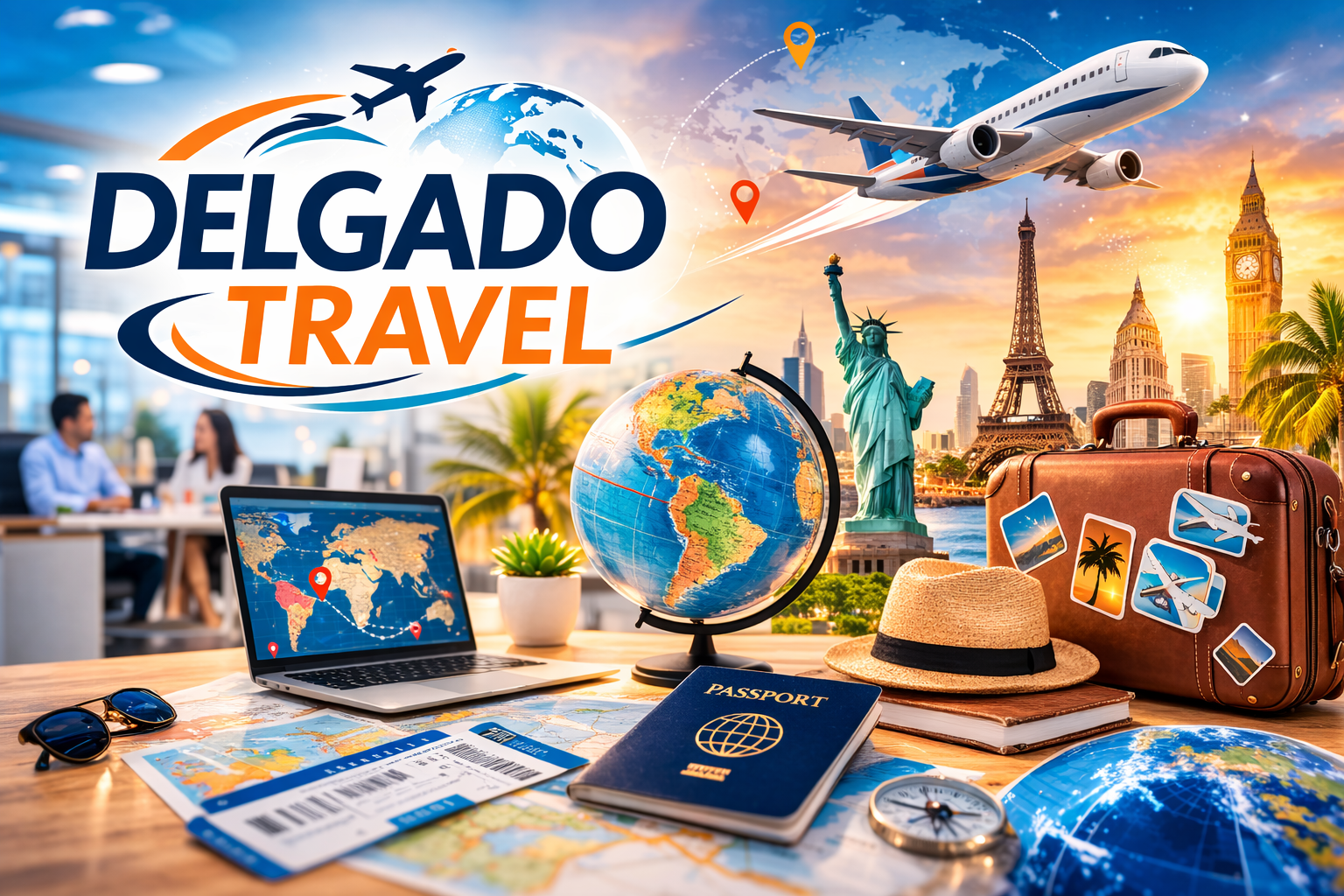 Delgado Travel agency concept featuring travel essentials like a passport, flight tickets, suitcase, airplane, world map, and famous landmarks representing international travel services and vacation planning.