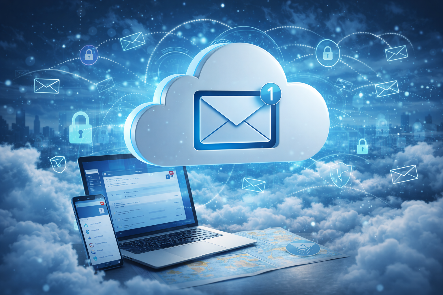 MailCloud cloud email service concept showing a cloud with an email icon connected to laptop and smartphone devices, representing secure cloud-based email communication, data protection, and remote email access.