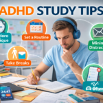 Student studying at a desk with ADHD study tips infographic showing strategies like Pomodoro technique, setting a routine, taking breaks, and minimizing distractions to improve focus and productivity.