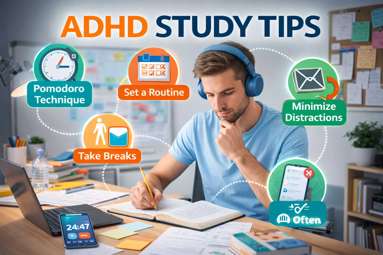Student studying at a desk with ADHD study tips infographic showing strategies like Pomodoro technique, setting a routine, taking breaks, and minimizing distractions to improve focus and productivity.