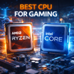 Best CPU for gaming comparison showing AMD Ryzen and Intel Core processors on a gaming motherboard with RGB lighting, highlighting high-performance gaming hardware and modern PC gaming setup.