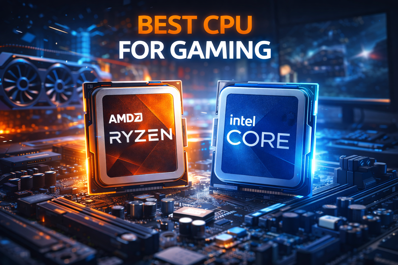 Best CPU for gaming comparison showing AMD Ryzen and Intel Core processors on a gaming motherboard with RGB lighting, highlighting high-performance gaming hardware and modern PC gaming setup.