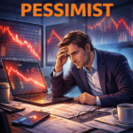 Stock market pessimist investor analyzing falling stock charts on multiple screens, showing bearish market trends, financial uncertainty, and cautious investment analysis.