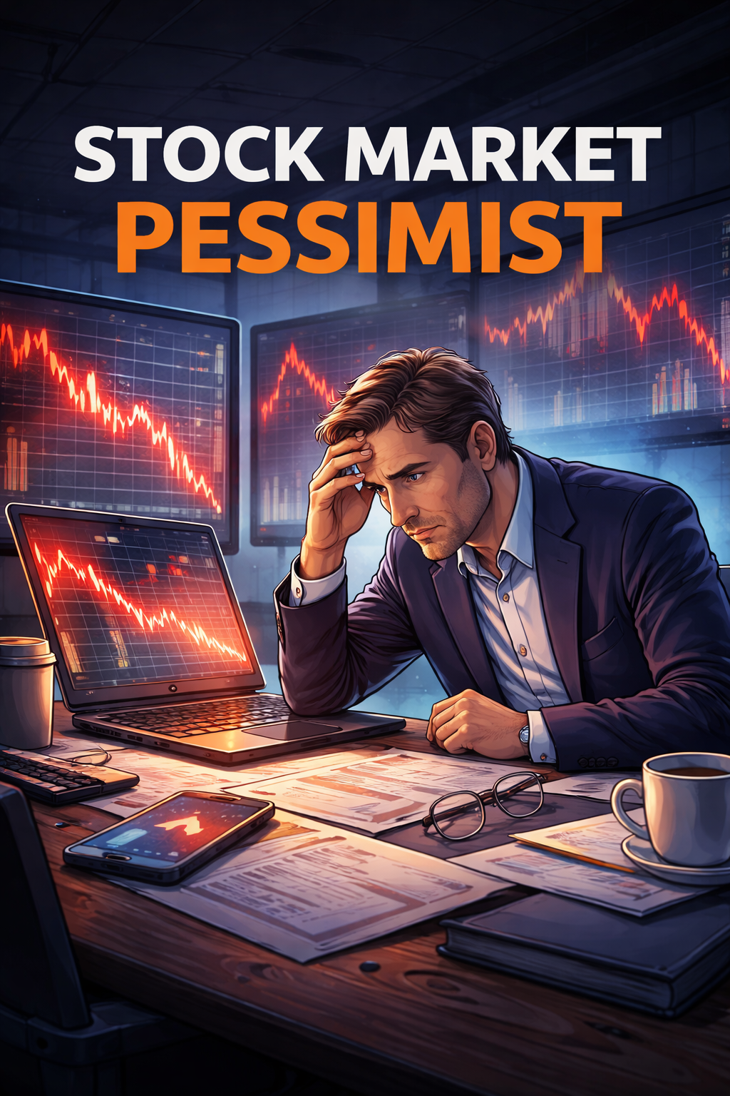 Stock market pessimist investor analyzing falling stock charts on multiple screens, showing bearish market trends, financial uncertainty, and cautious investment analysis.