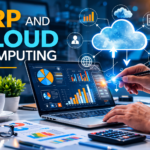 ERP and cloud computing concept showing a business professional using a laptop connected to cloud-based ERP software with icons for finance, HR, inventory, CRM, analytics, and supply chain management.