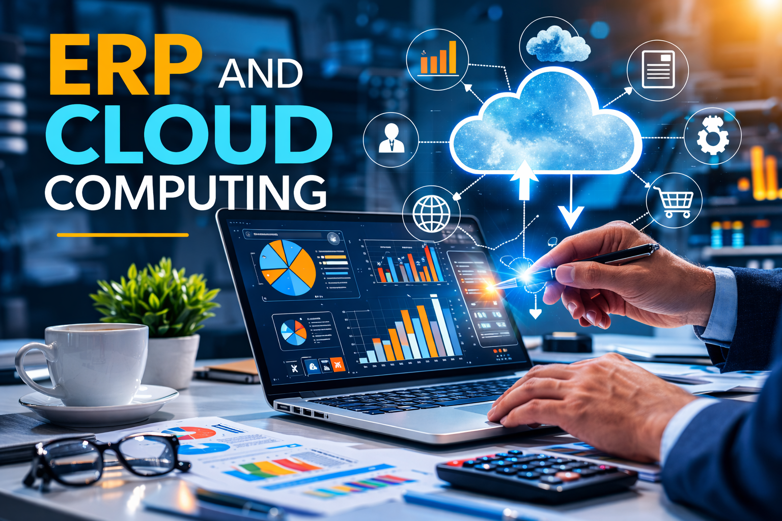 ERP and cloud computing concept showing a business professional using a laptop connected to cloud-based ERP software with icons for finance, HR, inventory, CRM, analytics, and supply chain management.