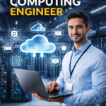 Cloud computing engineer working on a laptop in a modern data center with cloud icons, servers, and digital network connections representing cloud infrastructure, data management, and IT engineering.