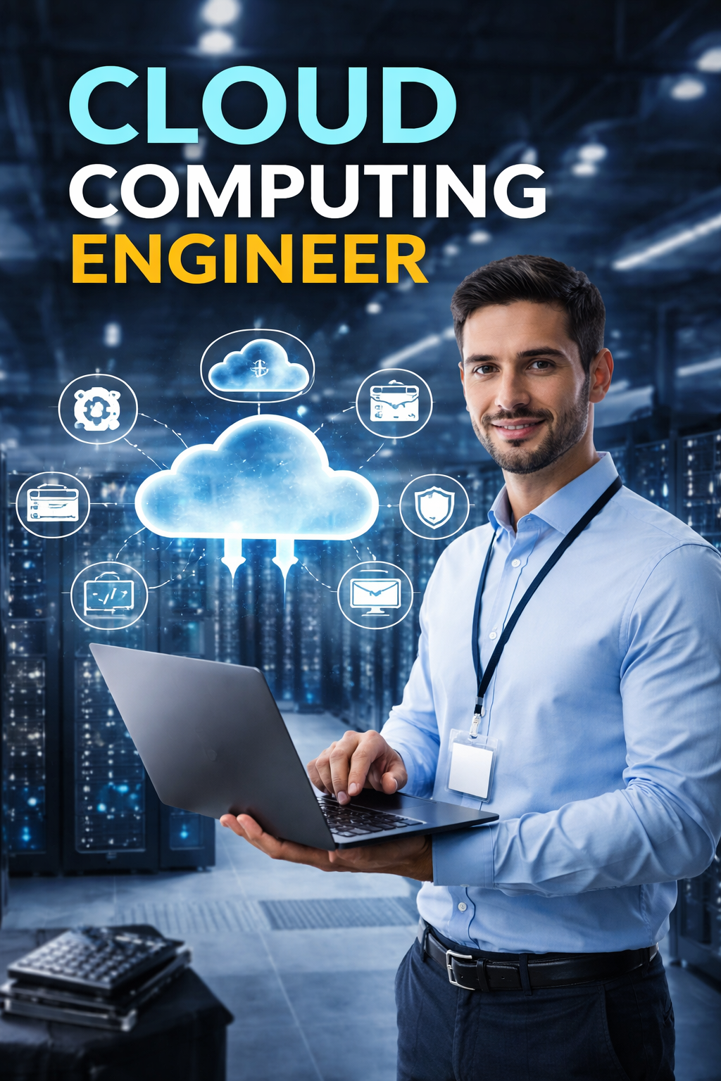 Cloud computing engineer working on a laptop in a modern data center with cloud icons, servers, and digital network connections representing cloud infrastructure, data management, and IT engineering.