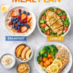 1200 calorie meal plan infographic showing balanced meals including healthy breakfast, lunch, dinner, and snacks with fruits, vegetables, protein, and whole grains for weight loss and nutrition.