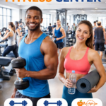 Health and fitness center with people working out in a modern gym, featuring weight training, cardio equipment, group classes, and healthy lifestyle activities.