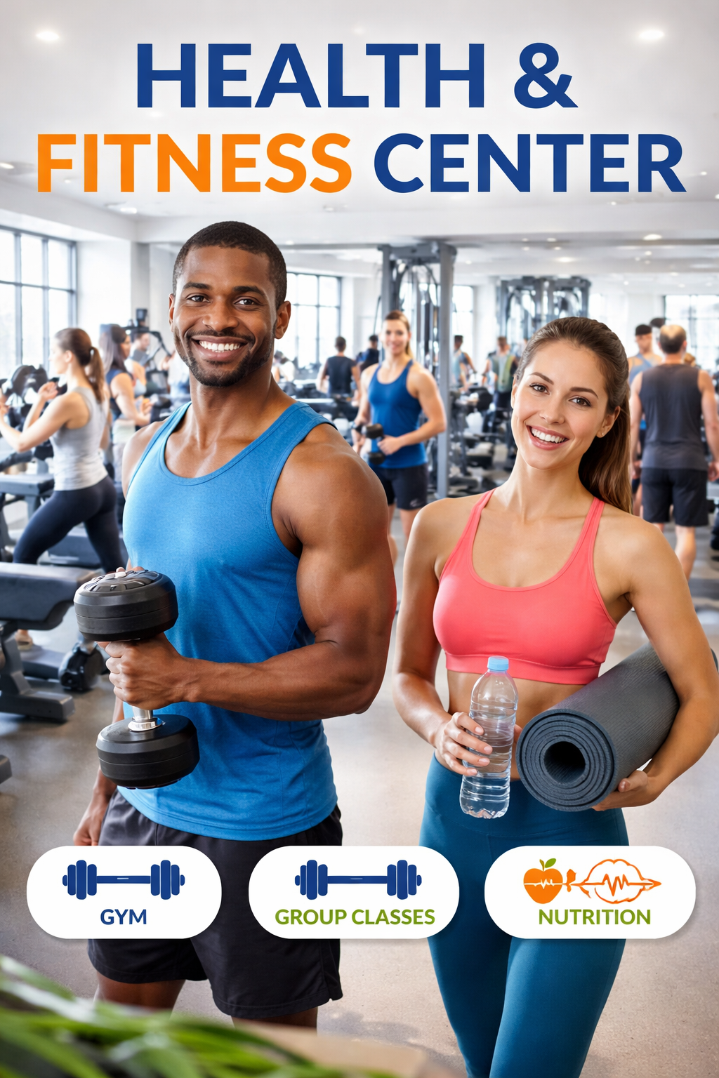 Health and fitness center with people working out in a modern gym, featuring weight training, cardio equipment, group classes, and healthy lifestyle activities.