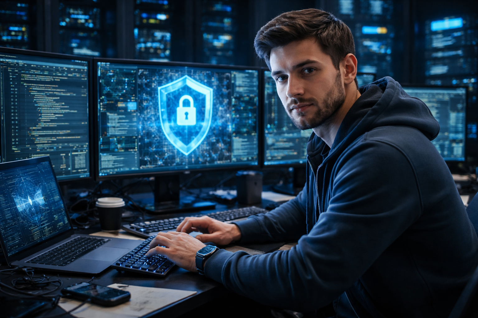 A young cybersecurity engineer sits at a desk in a high-tech control room, typing on a keyboard with multiple monitors displaying code, network diagrams, and a glowing digital shield with a padlock.