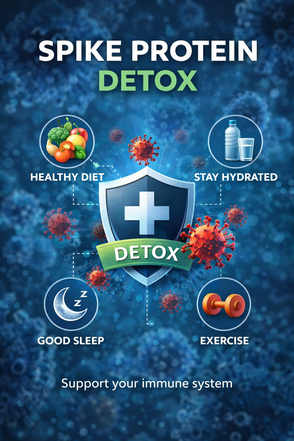Spike protein detox infographic showing immune system support with healthy diet, hydration, exercise, and good sleep, along with virus icons and a medical shield symbol on a blue background.