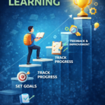 Progress learning concept illustration showing a student climbing steps of knowledge with books, graphs, and icons representing skill development, continuous improvement, and educational growth.