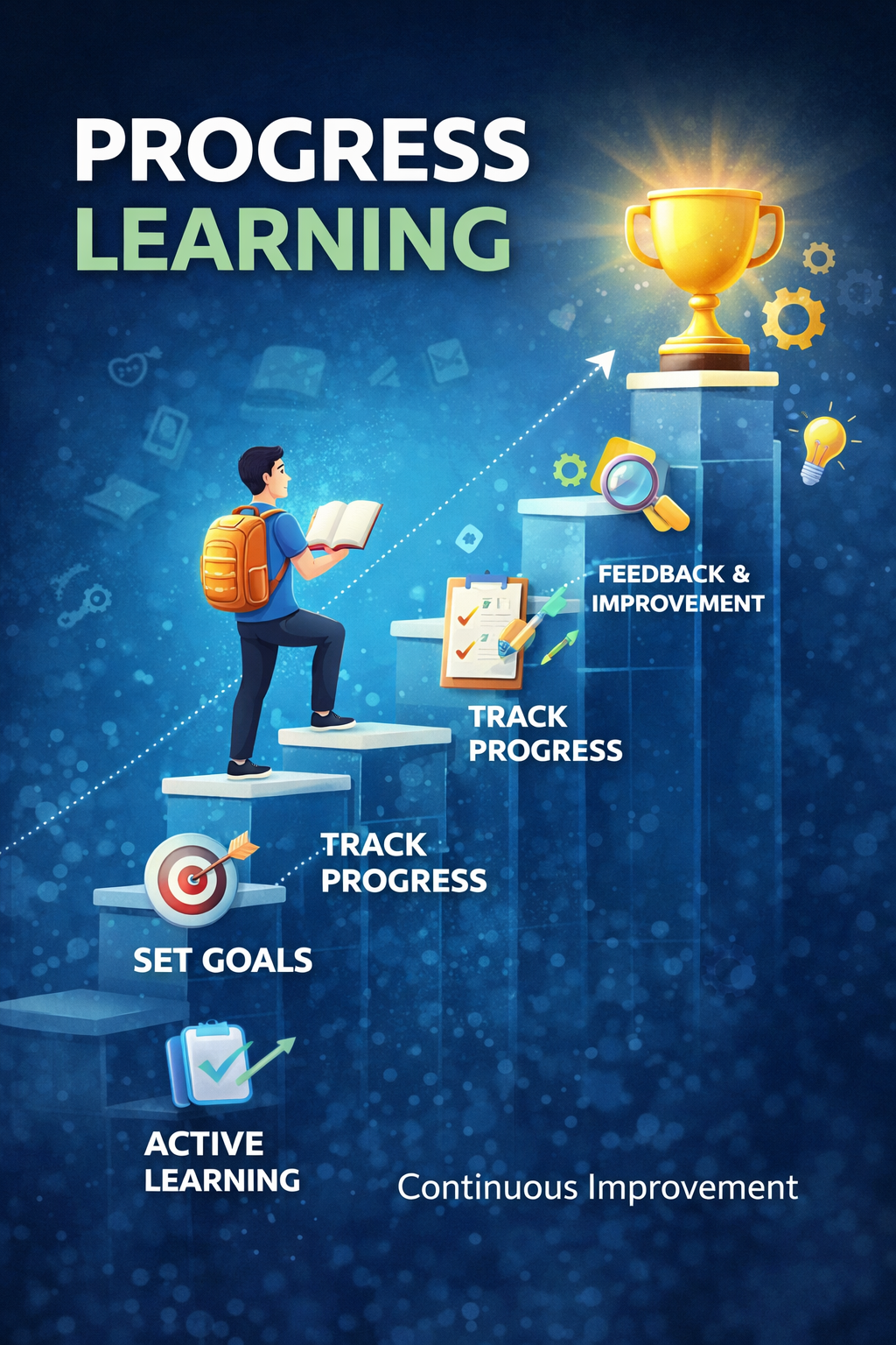 Progress learning concept illustration showing a student climbing steps of knowledge with books, graphs, and icons representing skill development, continuous improvement, and educational growth.