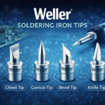 Weller soldering iron tips including chisel, conical, bevel, and knife tips displayed with a soldering iron and electronic circuit board, highlighting precision tools for electronics soldering and repair.