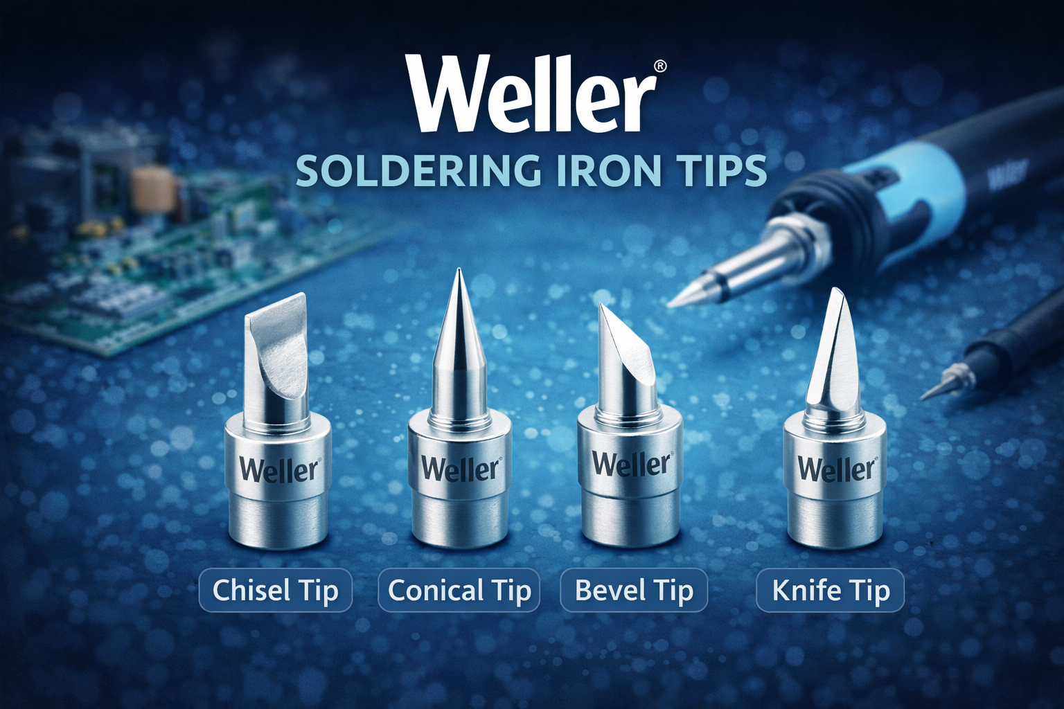 Weller soldering iron tips including chisel, conical, bevel, and knife tips displayed with a soldering iron and electronic circuit board, highlighting precision tools for electronics soldering and repair.