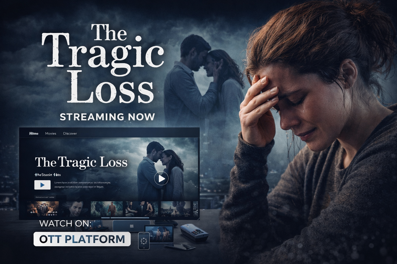 The Tragic Loss OTT platform promotional image showing an emotional woman crying with a sad couple in the background and a streaming interface, representing a dramatic and emotional digital series about loss and human connection.
