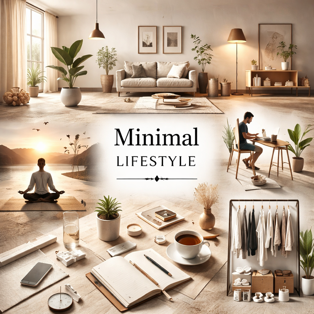 Minimalist lifestyle living room with neutral tones, natural light, and simple furniture design